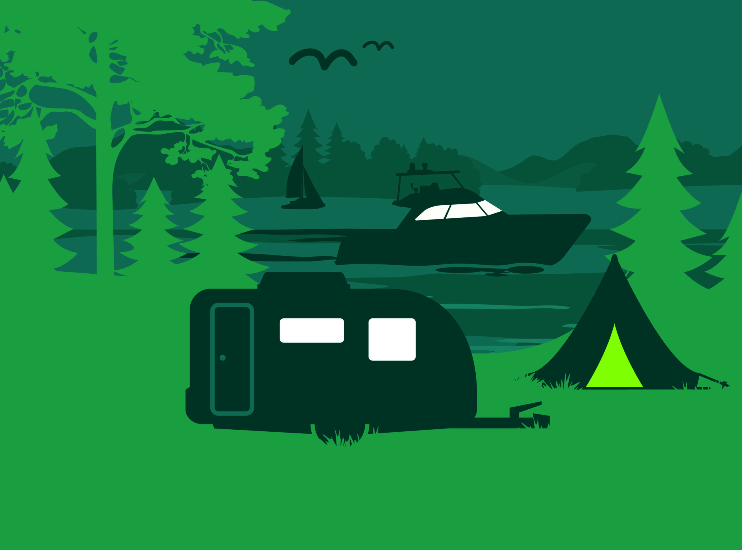 Illustratie van caravan tent en boot op de camping