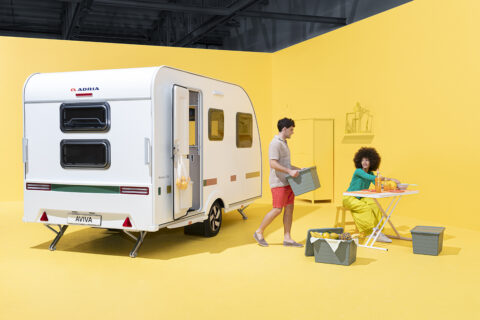 Adria Aviva Lite in yellow environment with 2 people